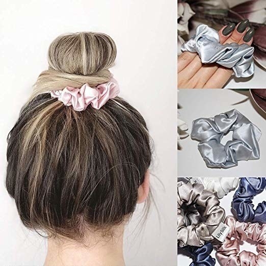 On the left, a model with a light pink scrunchie holding their bun. On the right, a gray scrunchie around a hand and by itself, and the scrunchies in pink, blue, and gray