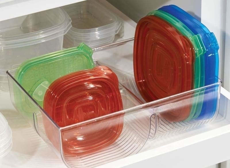 The clear organizer holding container lids of various sizes 