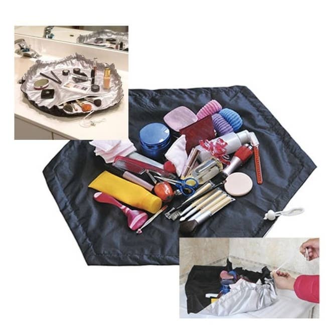 various photos showing the different ways the makeup bag and mat can be used