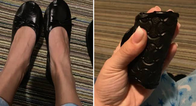 reviewer image of the black flats on their feet and then rolled up small to fit in their hand