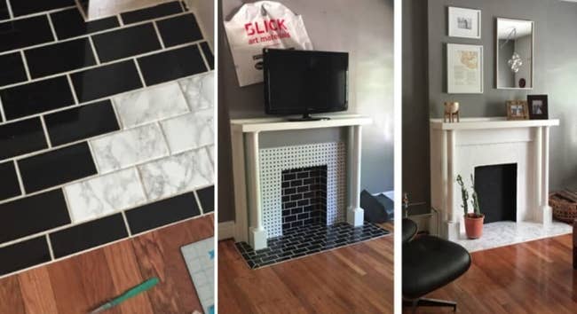 Reviewer's progress photos of using marble paper to individually cover each brick tile on their fireplace 