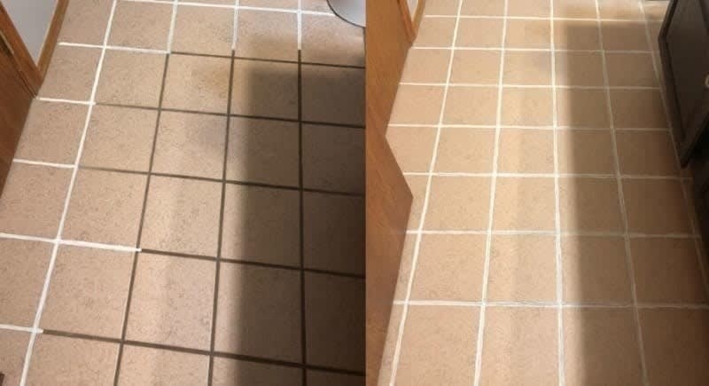 A before and after of a kitchen tile floor - on the left, the grout is so dirty that it looks black, while on the right it looks white and clean after using the pen