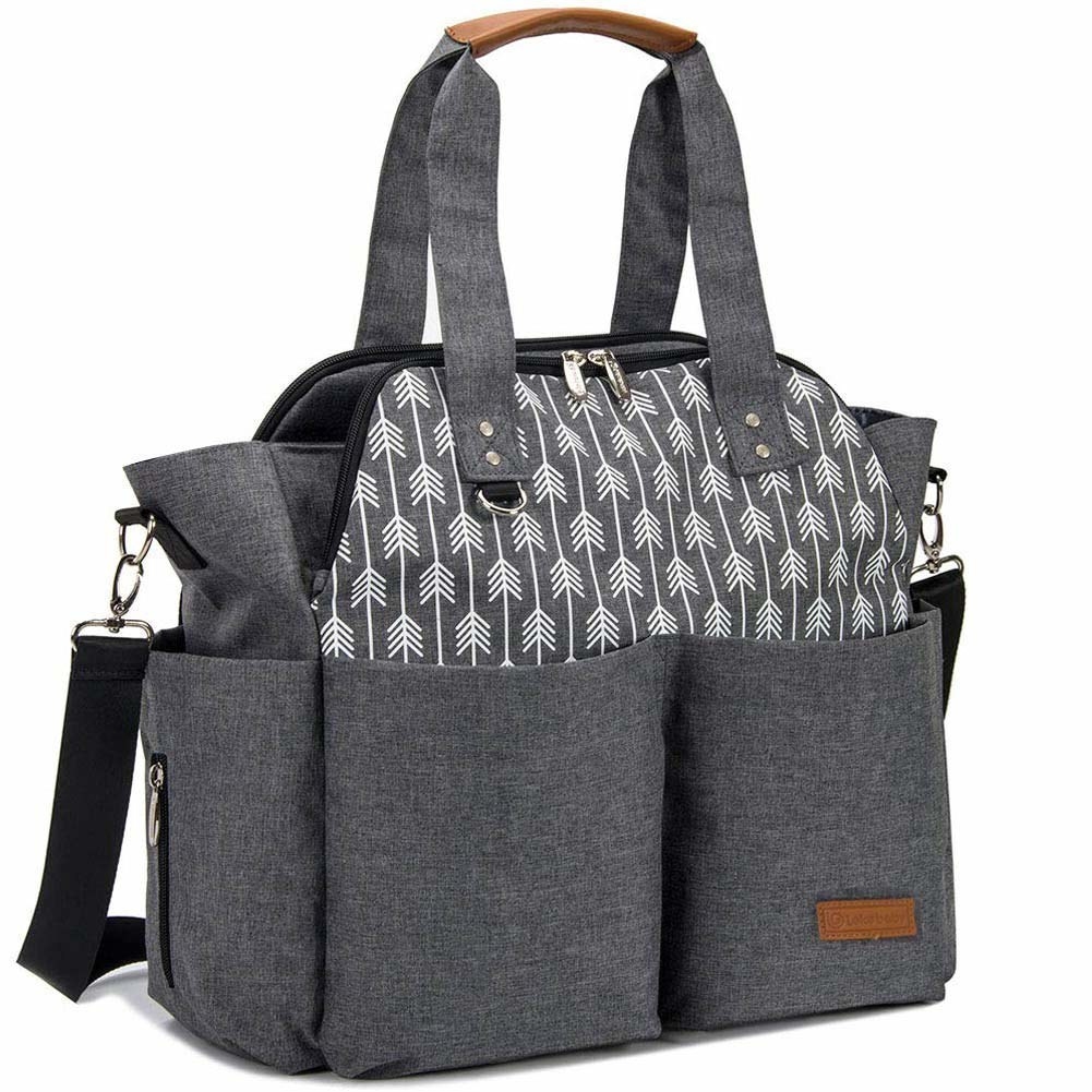 A large diaper bag with smaller pockets on the sides