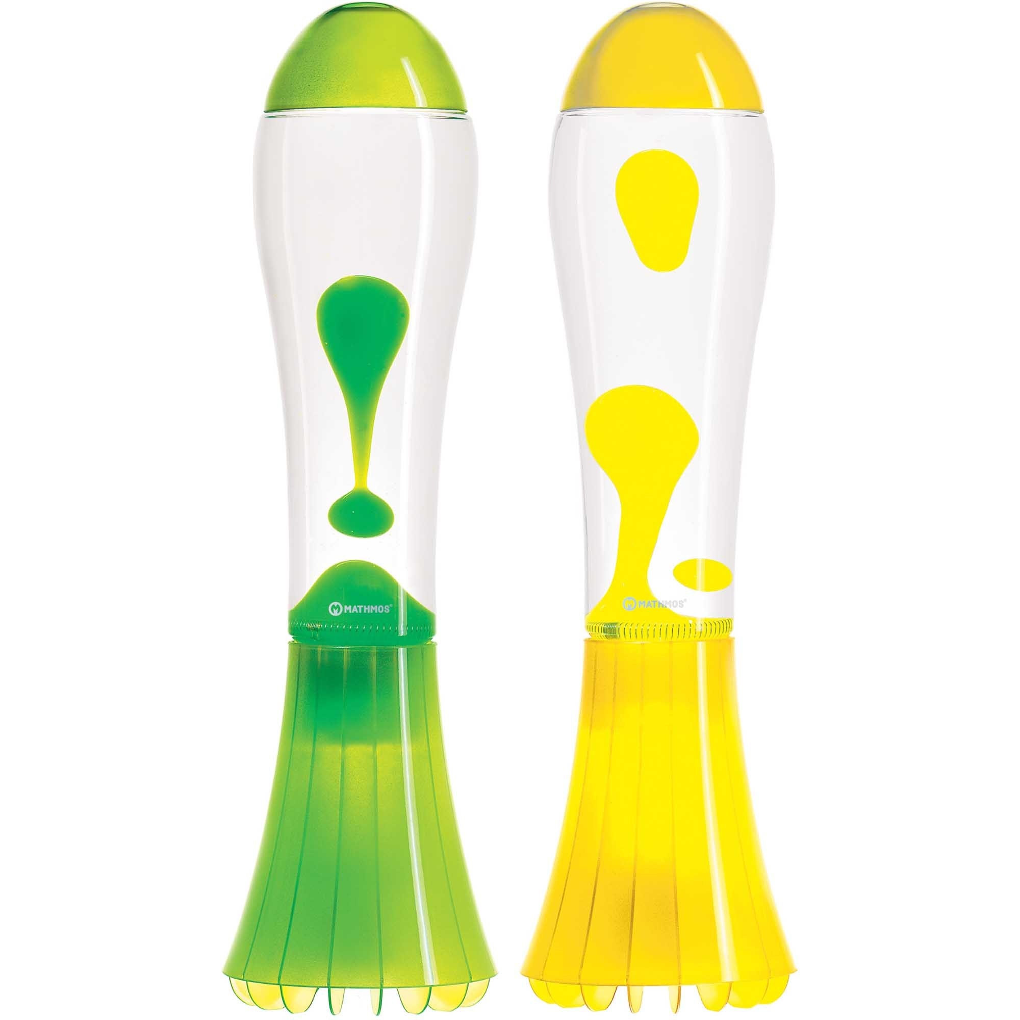 A green and a yellow rocket-style lava lamp