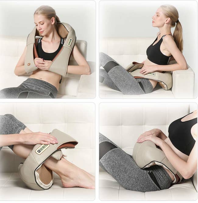 A model using the massager with arms and loops on the end on their shoulder, lower back, calves, and stomach. 