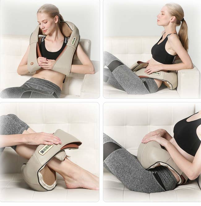 A model using the massager with arms and loops on the end on their shoulder, lower back, calves, and stomach. 