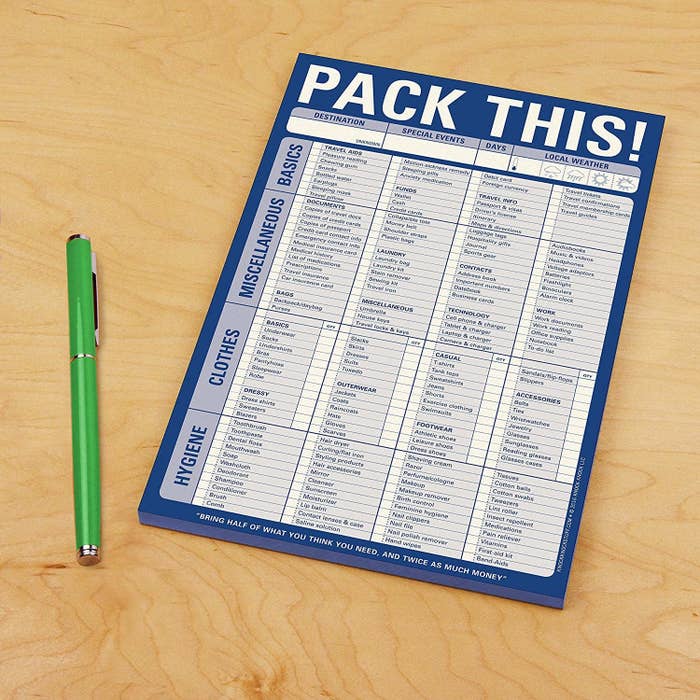 The blue packing list notepad broken down in to basics, miscellaneous, clothes, and hygiene