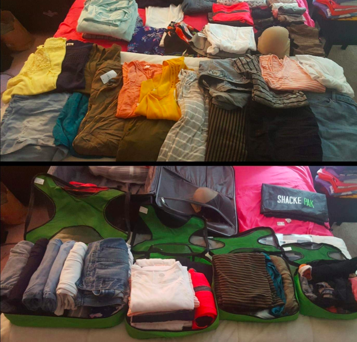 reviewer&#x27;s clothes all laid out in a pile on their bed before; then after, everything fit into the packing cubes