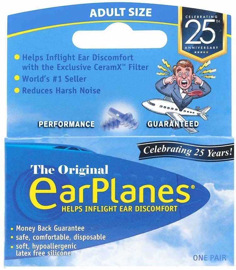 box of the original ear planes plugs that claim to reduce harsh noise and help inflight ear discomfort