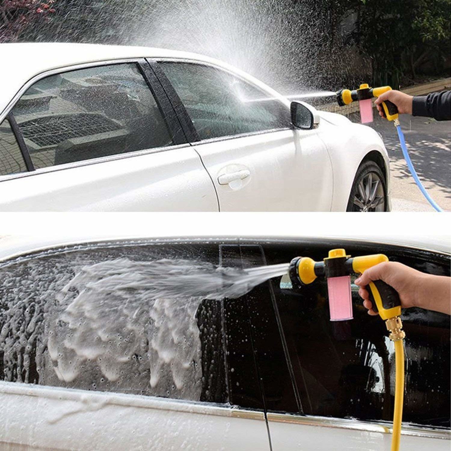 A hand holding the nozzle gun, spraying water on a car.