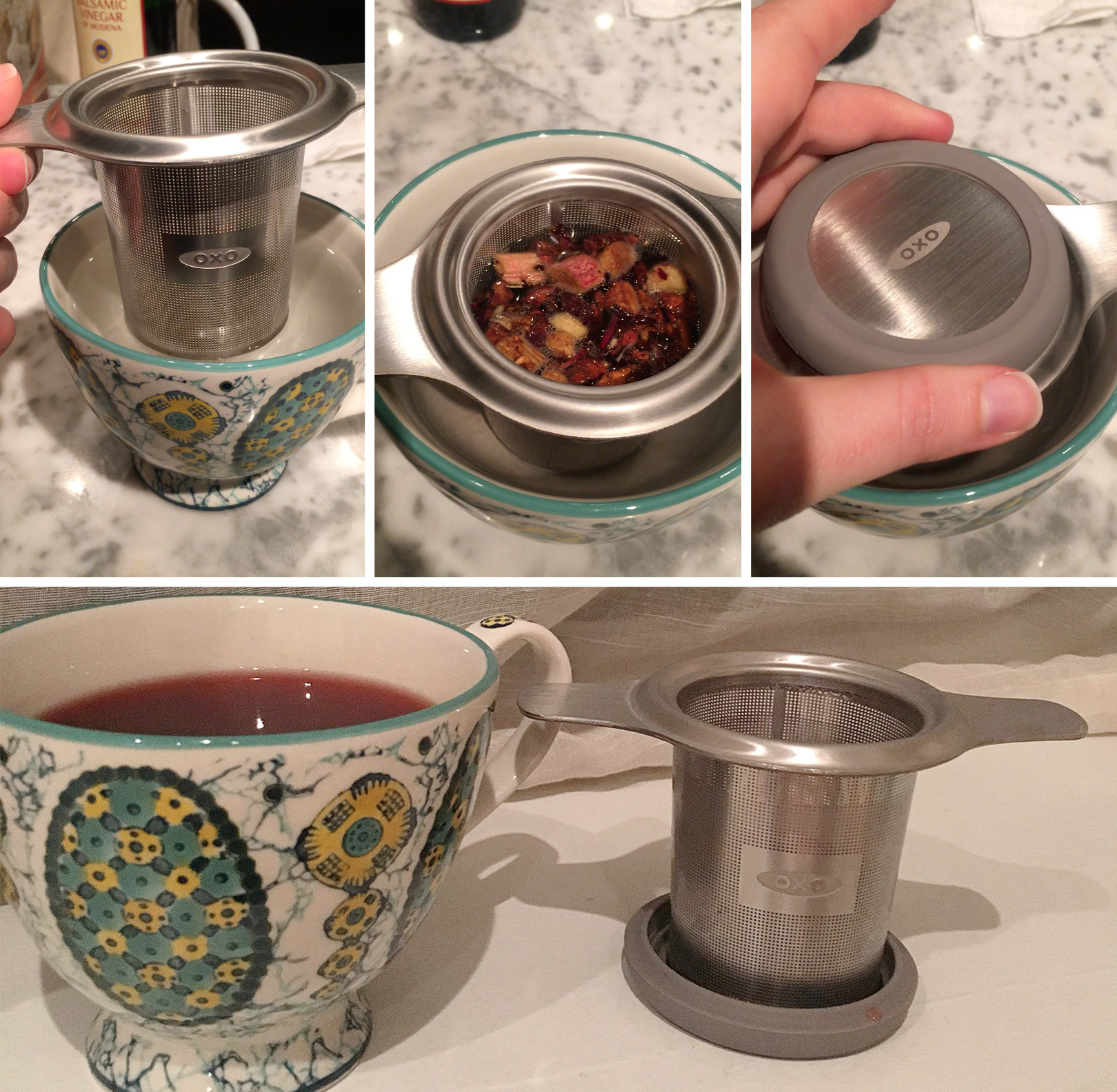 a series of images showing the progression of using the tea infuser  