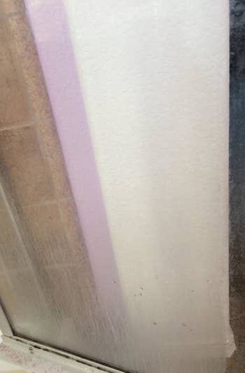 Before: a clear glass shower door crusted with grime and build-up; it's opaque at the bottom