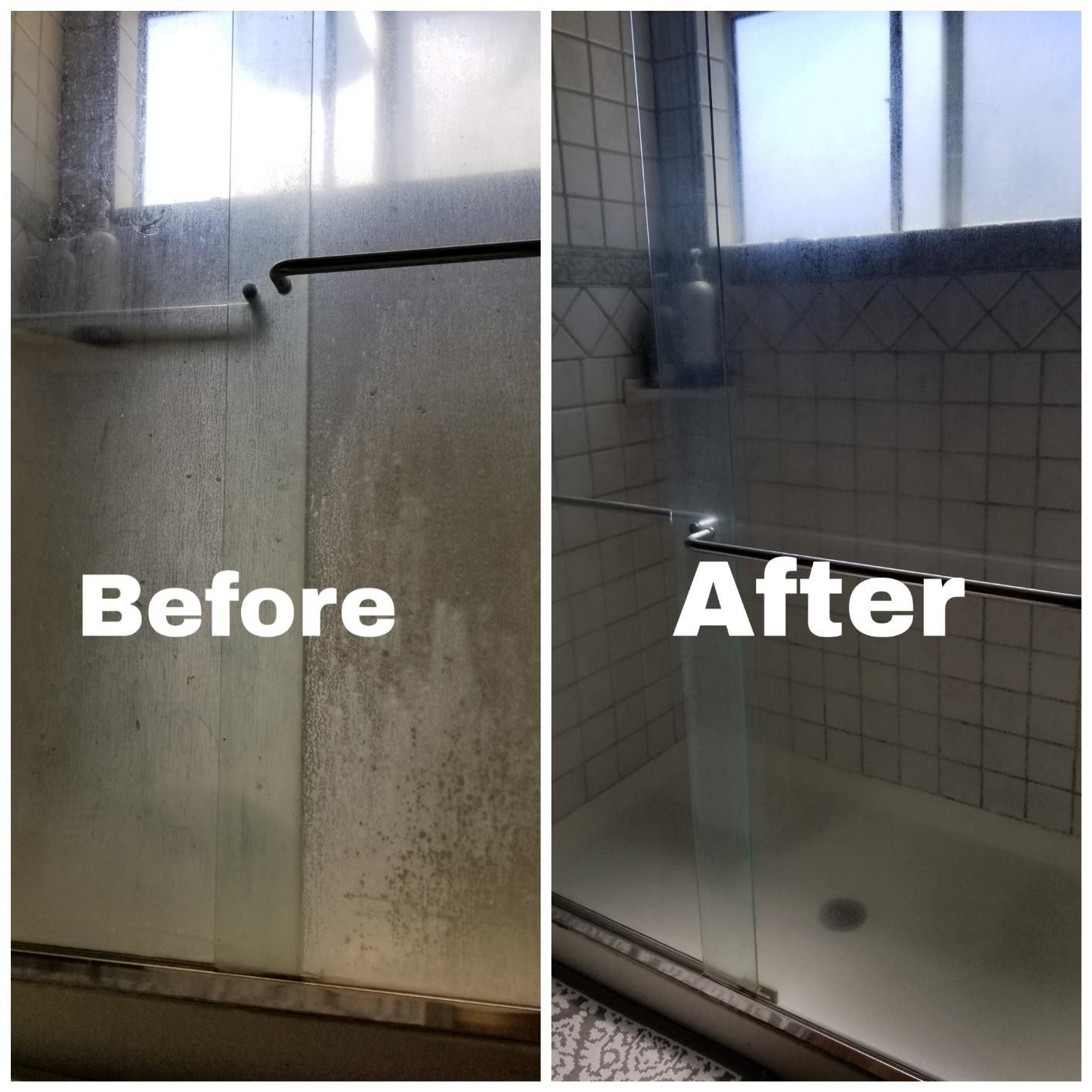 Reviewer&#x27;s before and after showing the cleaner got rid of hard water stains on their glass shower doors