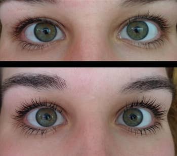 a reviewer's before and after without the mascara and then with