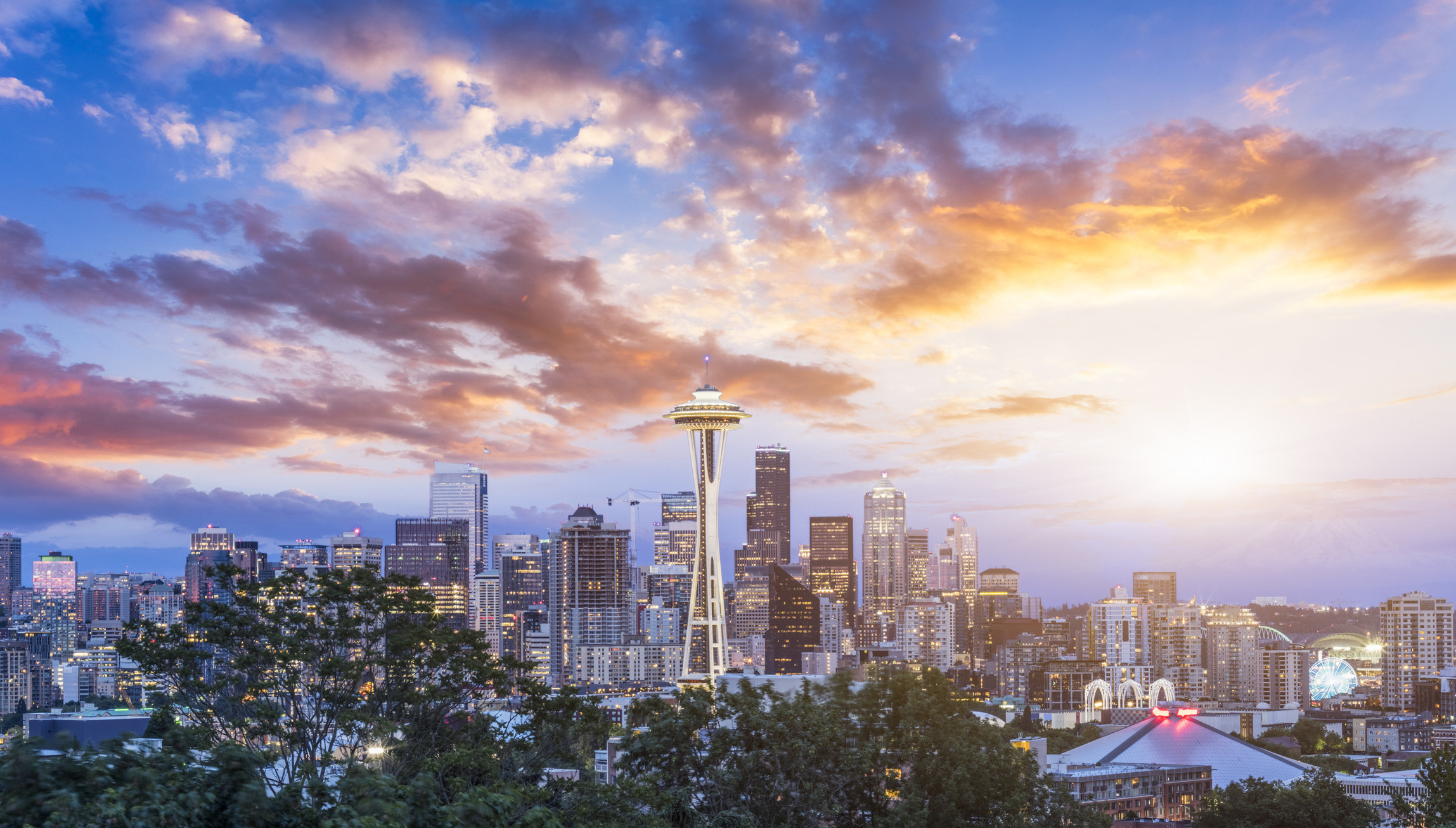 A view of Seattle at sunset.