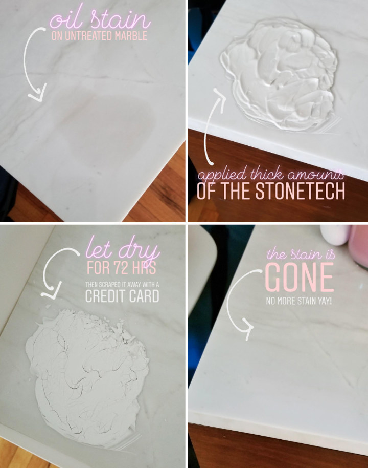 A reviewer&#x27;s four steps: 1 an oil stain on untreated marble, 2 apply thick amount of product 3 let dry for 72 hrs 4 scrape away and the stain is gone