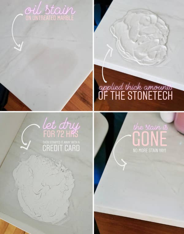 A reviewer's four steps: 1 an oil stain on untreated marble, 2 apply thick amount of product 3 let dry for 72 hrs 4 scrape away and the stain is gone