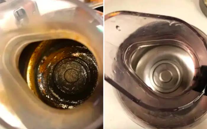 Before and after reviewer&#x27;s photo of crud-covered coffee bottom scrubbed clean and shiny after use 