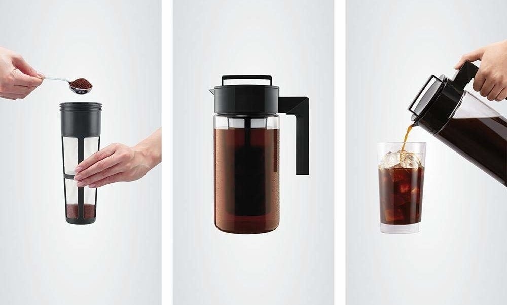on the left grounds being scooped into the filter, in the middle the filter and top on the pitcher brewing, on the right iced coffee being poured