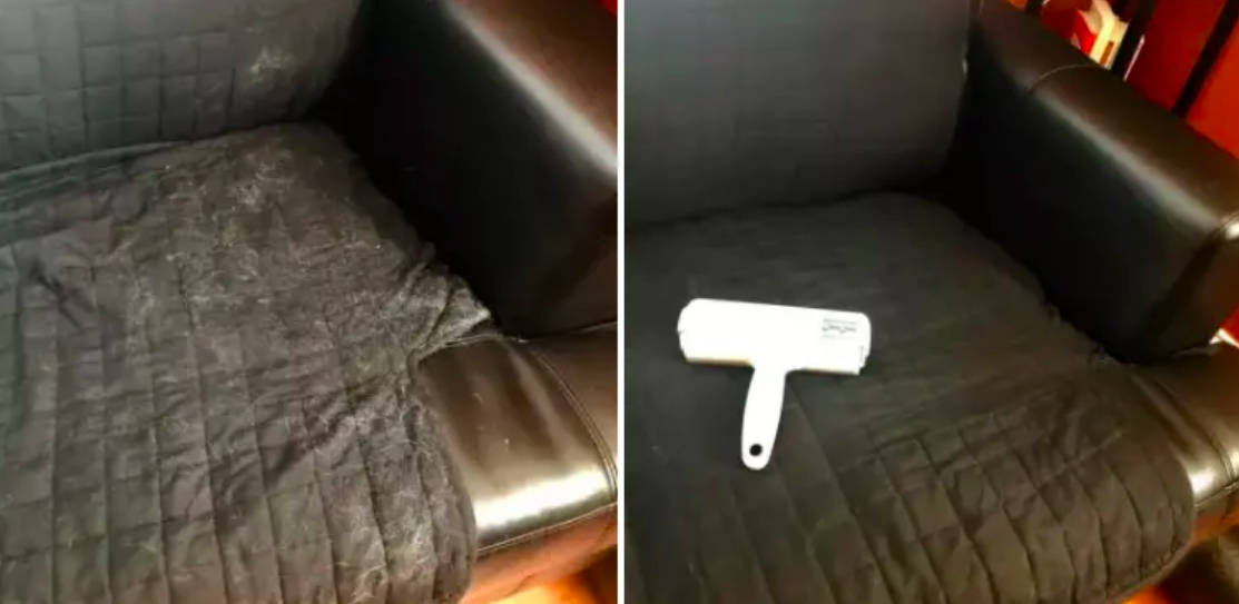 Before-and-after of reviewer&#x27;s black sofa covered in white fur that&#x27;s removed with brush after 