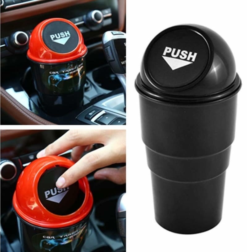 the cup-shaped trash can with a closing push lid in a car cup holder