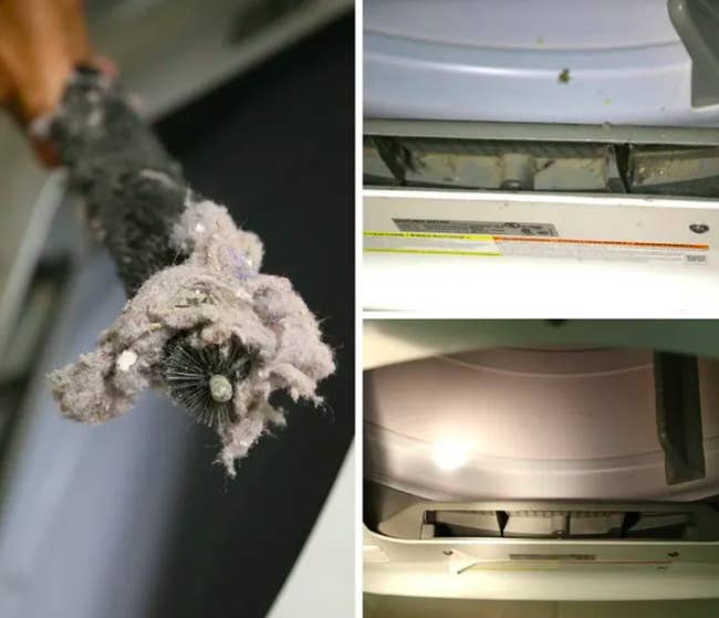 Closeup of small brush covered in lint with before-and-after shot of dryer 