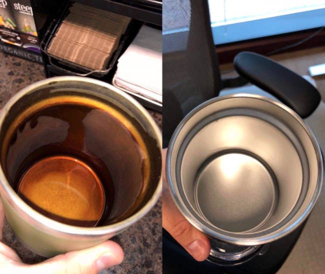 A reviewer's reusable coffee tumbler before: stained brown and after: clean, silver, and stain-free