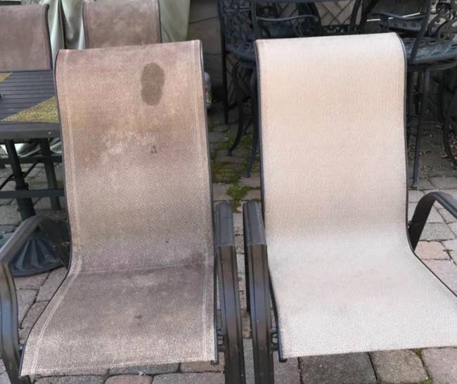 A stained gray patio chair beside a cleaned match, white and even after cleaning 