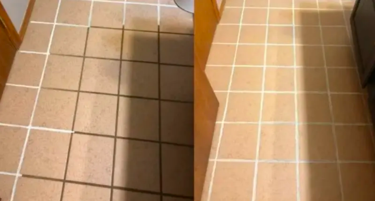 Reviewer&#x27;s brown grout before and white grout after use 