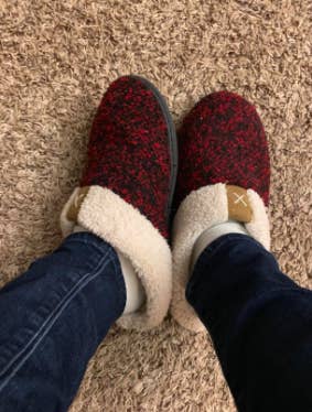 another reviewer's pic wearing the red slippers with jeans