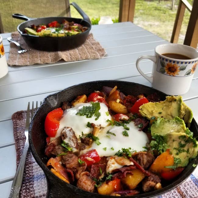 reviewer photo of breakfast hash cooked in the cast-iron pan