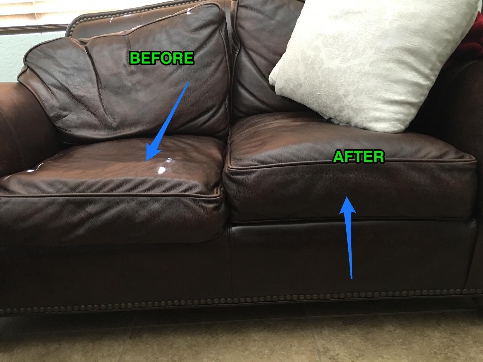 A reviewer&#x27;s loveseat, half without the supports, looking very slouchy and worn-in, and half with them, looking neater and newer
