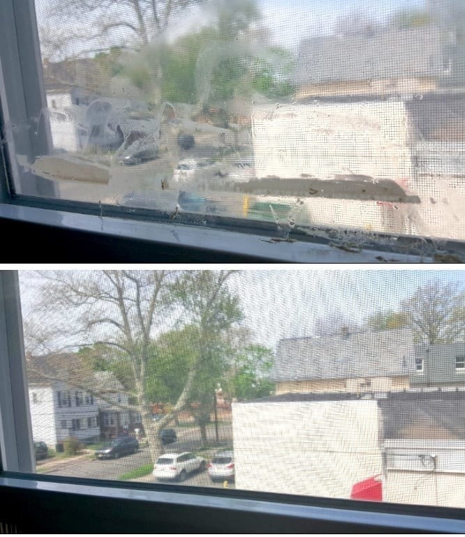 A reviewer&#x27;s window before: view obscured by lots of duct tape residue and after: the same window, clean, with no residue in sight