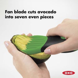 Tool slicing an avocado with text on the image that says,