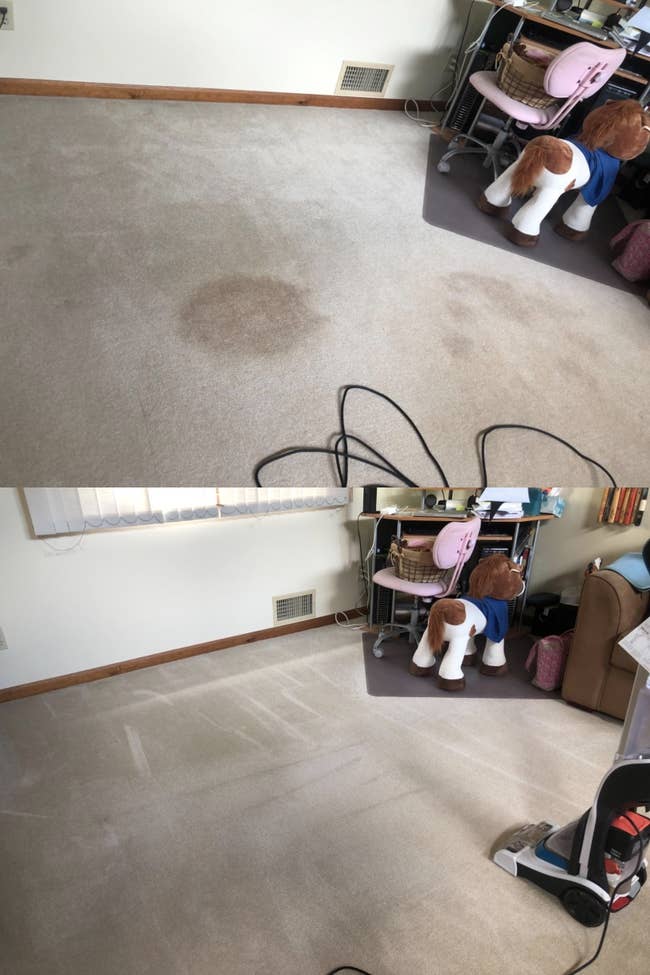 A reviewers light beige carpet before: with two large set-in mystery stains and after: completely clean and stain-free