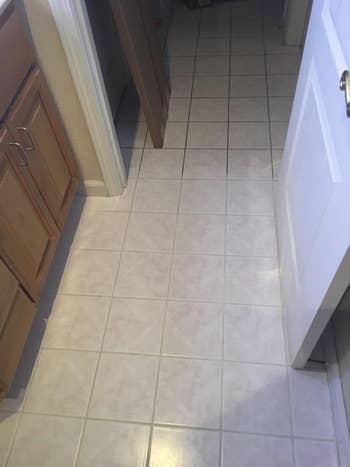 A reviewer's tile floor; half of the grout is dark and dirty, the other half is bright white from cleaning
