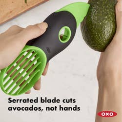 Hand slicing the avocado with text on image that says, 
