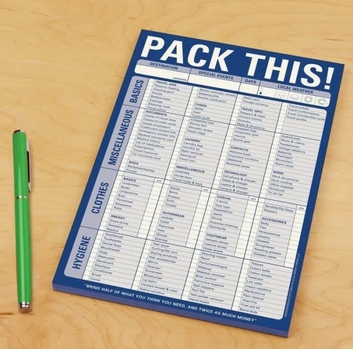 notepad with the words &quot;Pack This!&quot; across the top and then four sections of items listed with places to check off that they have been packed