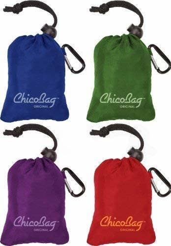 four bags in keychains, one blue, one green, one purple, and one red