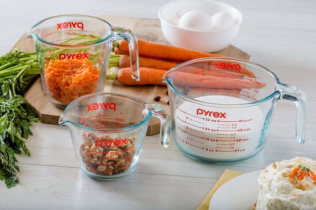 a 1-cup, 2-cup, and 4-cup pyrex measuring cup