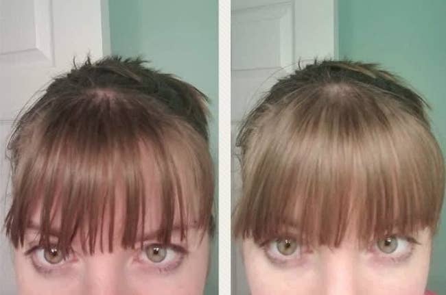 A vertically-split before and after showing reviewer's bangs looking oily on the left, and the same individual with bangs looking fresh on the right