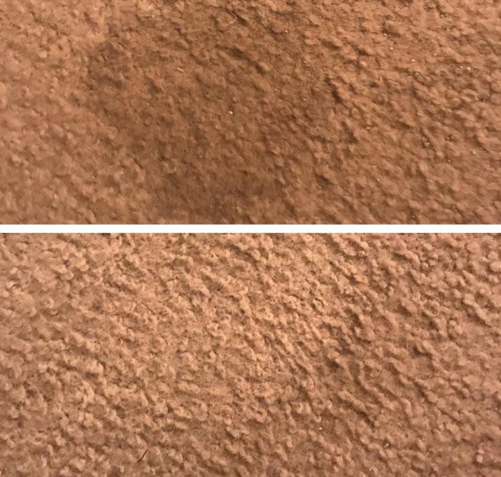 On the top, a wet stain on a carpet, and on the bottom, the same carpet, now clear of the stain after using the pad