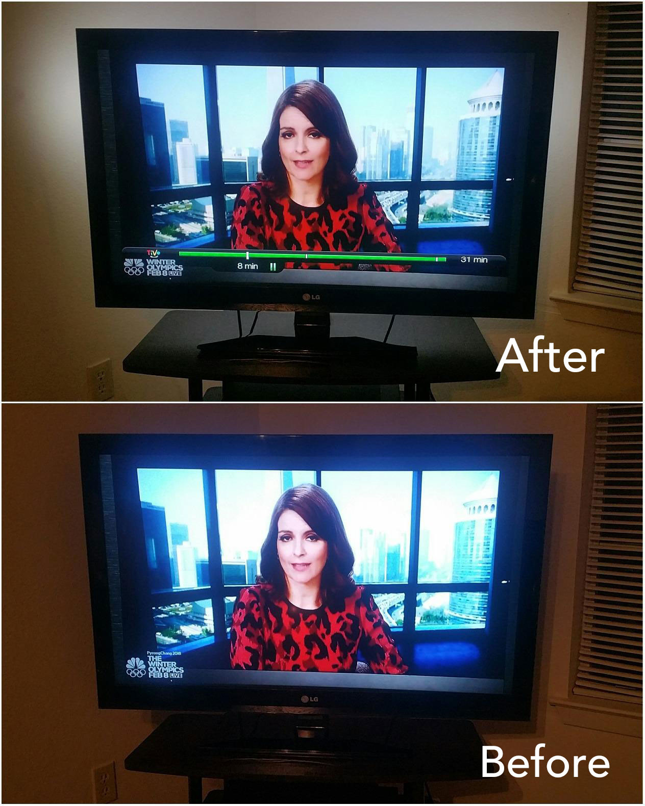 A reviewer&#x27;s before/after of their TV with backlighting: before with a less clear picture and brights that strain the eyes and after with clearer picture and backlighting on the wall