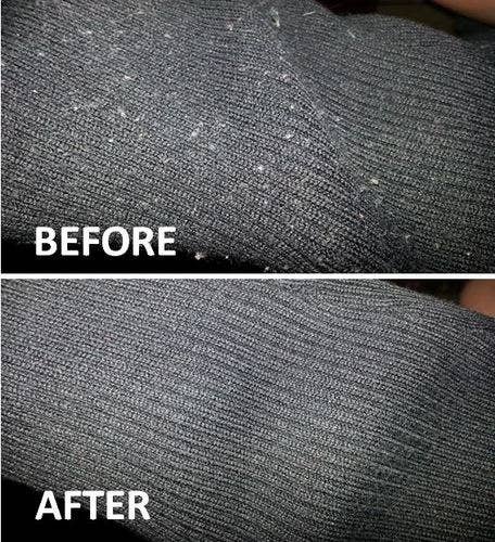 A reviewer&#x27;s before/after of a knit piece of clothing covered in pills, and then with the pills all removed