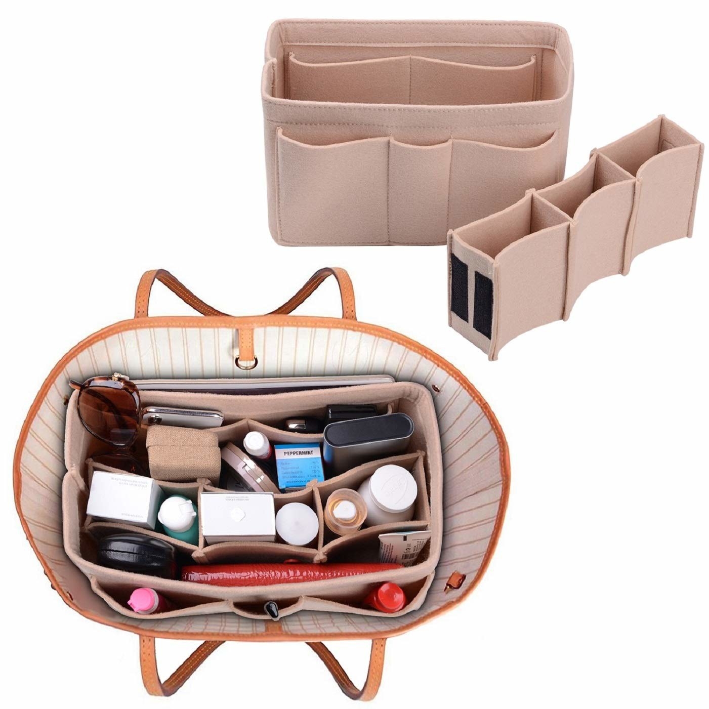 The felt organizer in pink from the front and side, and also shown organizing items in a tote