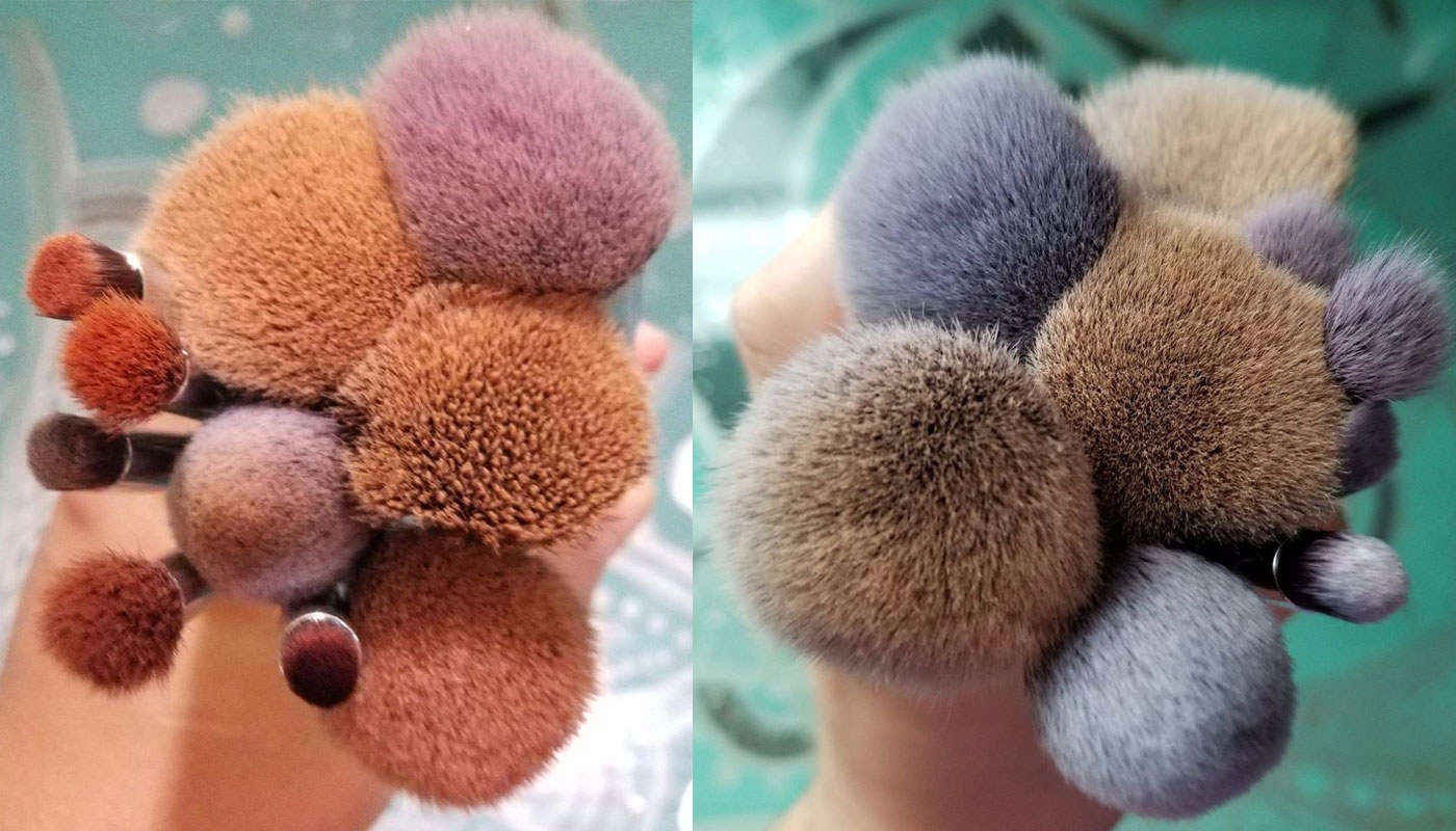 Left: A reviewer&#x27;s before image of a bunch of makeup brushes stained orange and pink right: The same brushes, but almost back to their original color