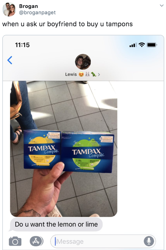 A text from a Twitter user&#x27;s boyfriend with a pic of him holding a yellow box and a green box of Tampax, asking &quot;do you want the lemon or lime?&quot;
