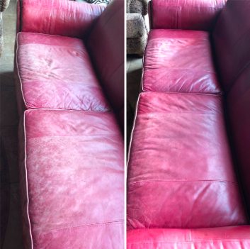 reviewer&#x27;s before and after pic of red worn couch that looks drastically better after applying the leather conditioner.