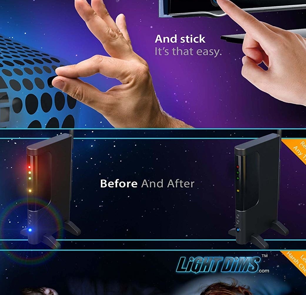 model&#x27;s fingers peeling off one round black dot from a sheet of many and sticking it on a tv; a before and after of an internet model with bright lights that are dimmed