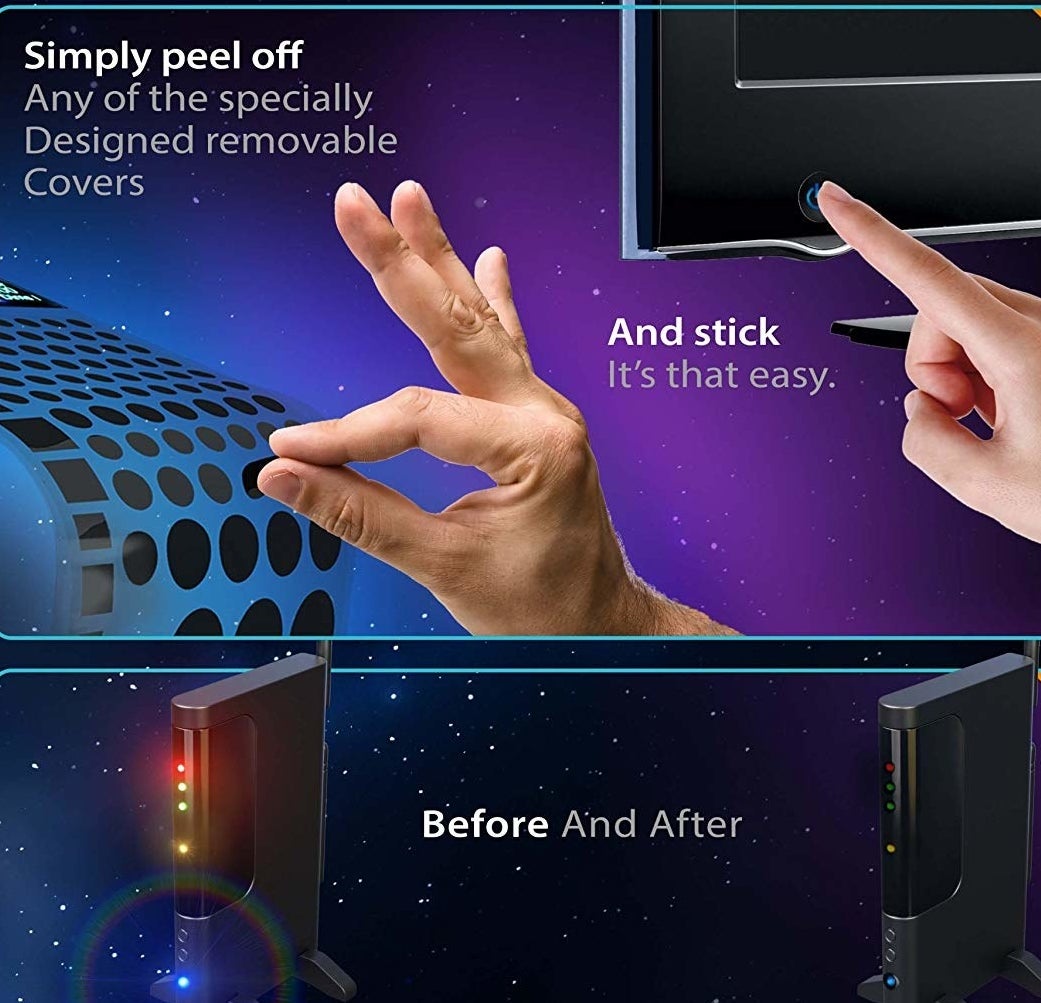 model&#x27;s fingers peeling off one round black dot from a sheet of many and sticking it on a tv; a before and after of an internet model with bright lights that are dimmed